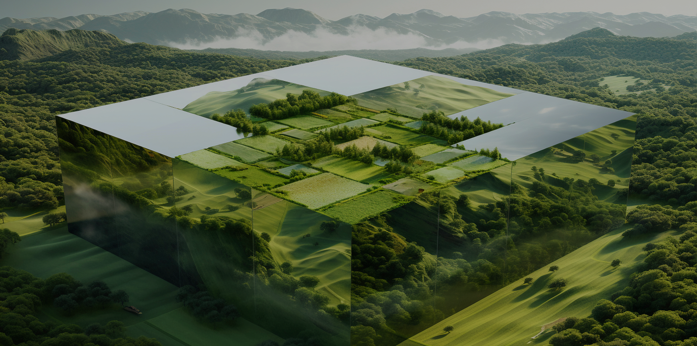 Mirrored data centre building reflecting green hills, symbolising sustainable infrastructure