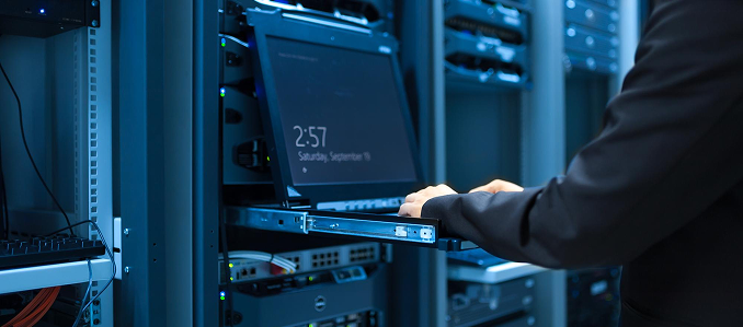 Engineer servicing hardware in a modern data centre