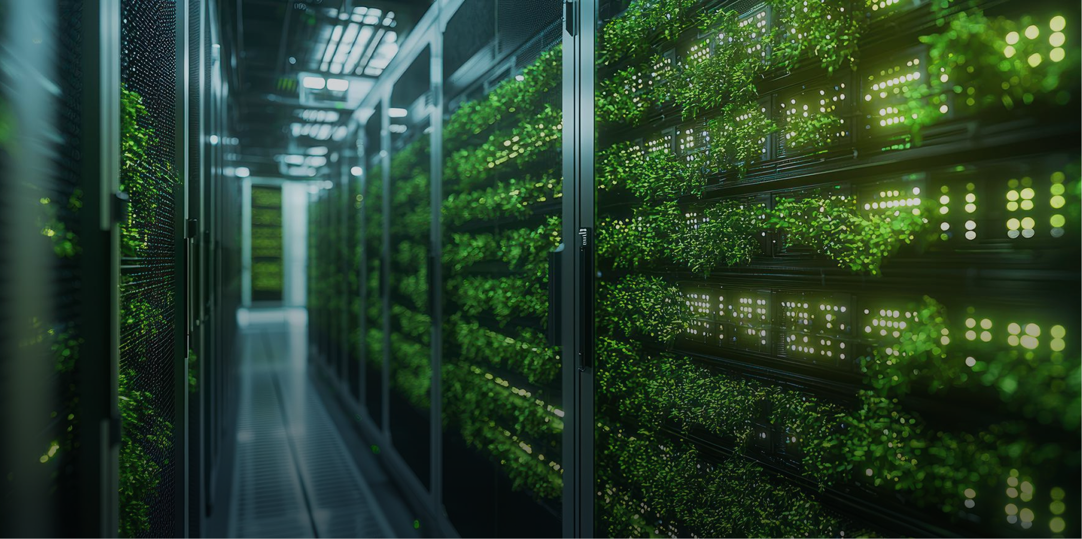 Server aisle planted with trees inside a green data centre
