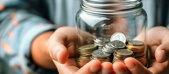 Hands holding a glass jar filled with coins
