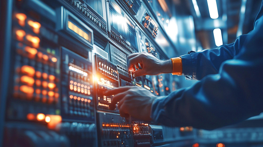 Technician adjusting equipment on an illuminated server rack