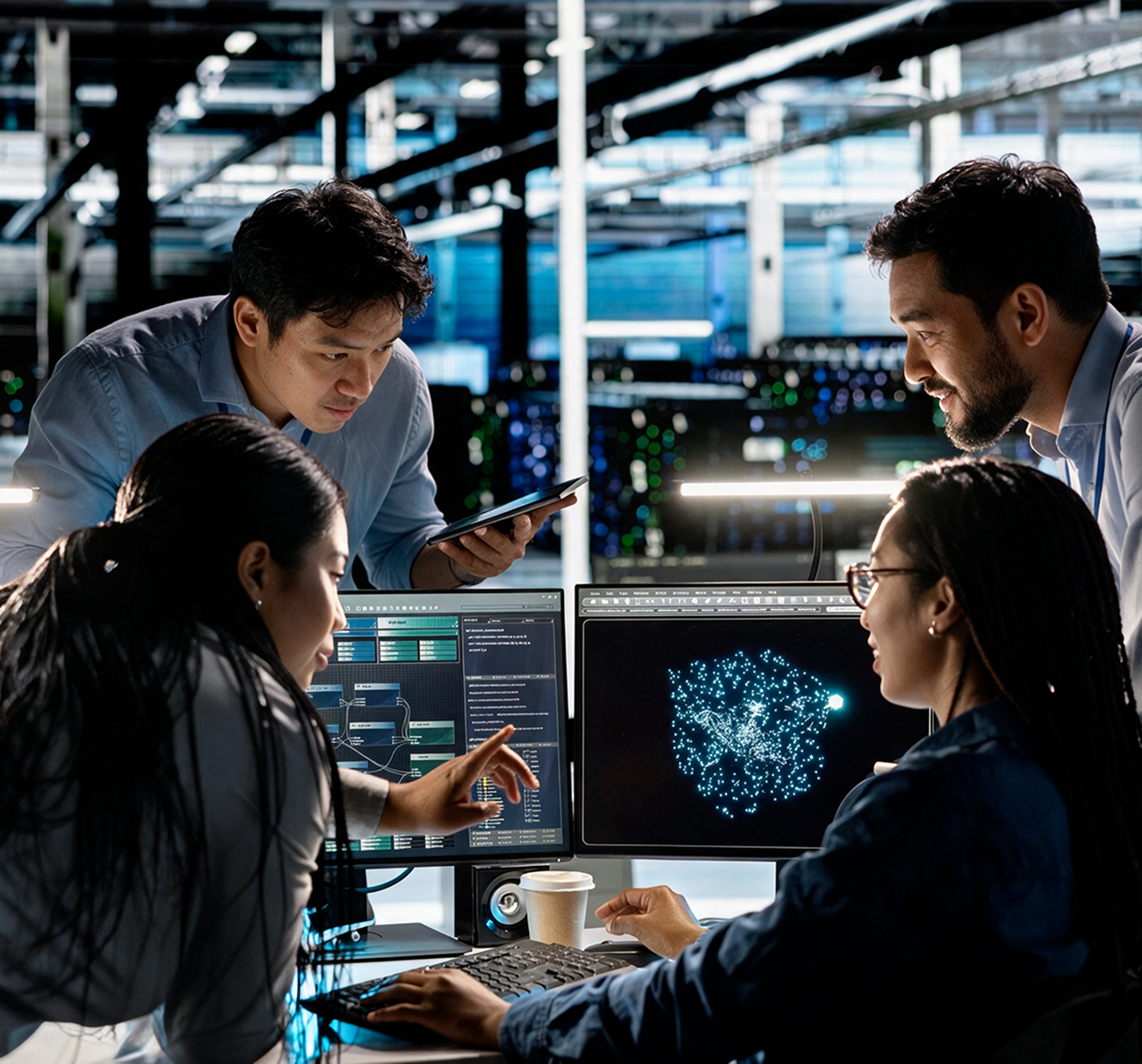 Project team reviewing system dashboards together in a data centre operations room