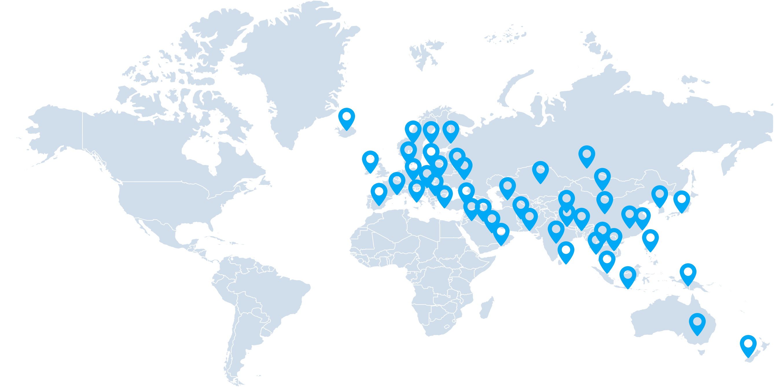 World map marking Basis Bay service locations across 22 countries