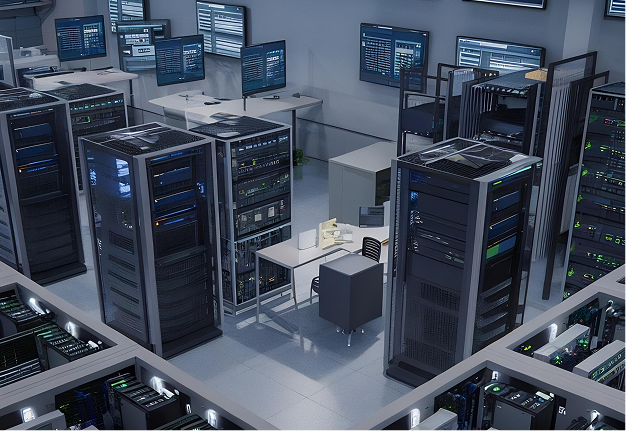 Rows of server racks and monitoring screens in a data centre