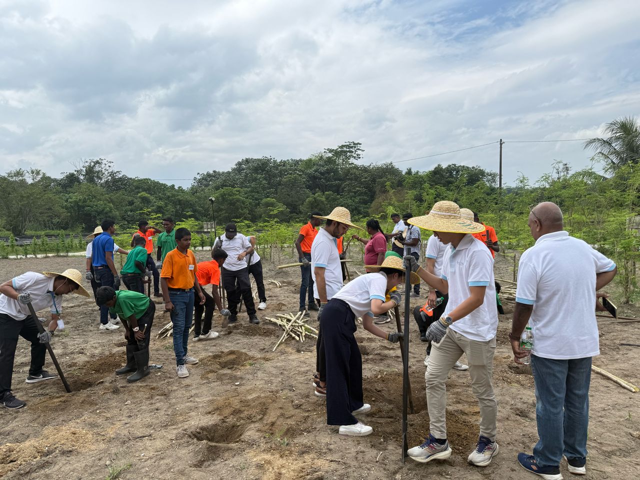 Basis Bay volunteers and students planting trees in an open field